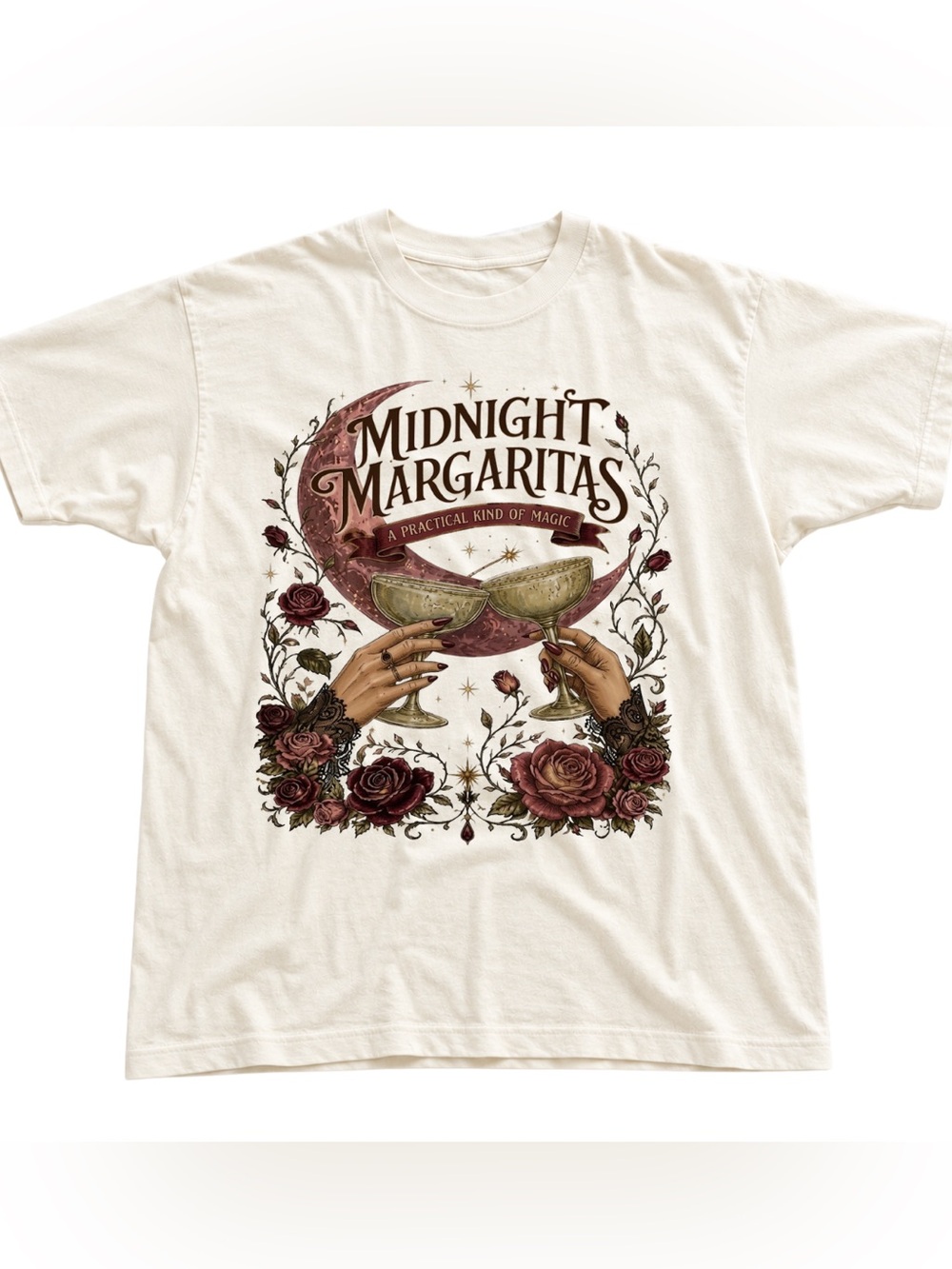 Gildan Midnight Margaritas Graphic Tee, Retro Style With Rose and Moon Artwork